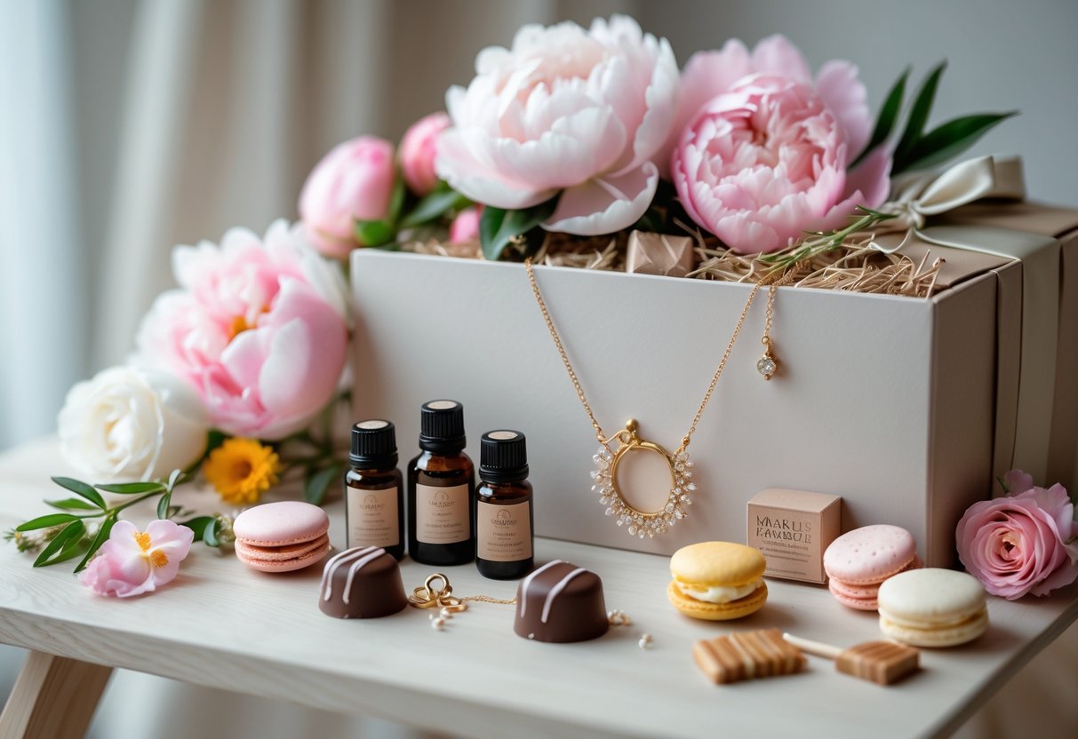 A Mother's Day gift hamper featuring jewelry, essential oils, and gourmet treats arranged with fresh flowers on a wooden surface.