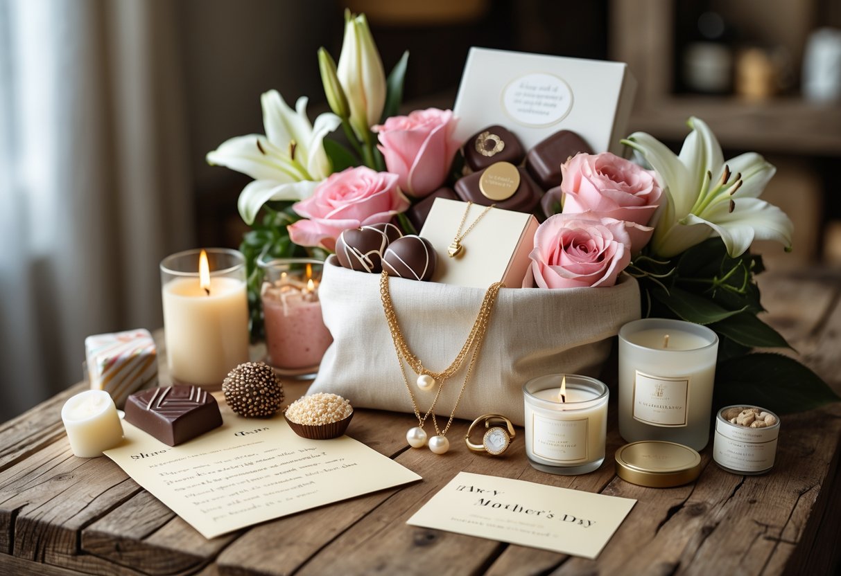 A Mother's Day gift hamper with jewelry, flowers, chocolates, candles, and a handwritten note arranged on a wooden table.