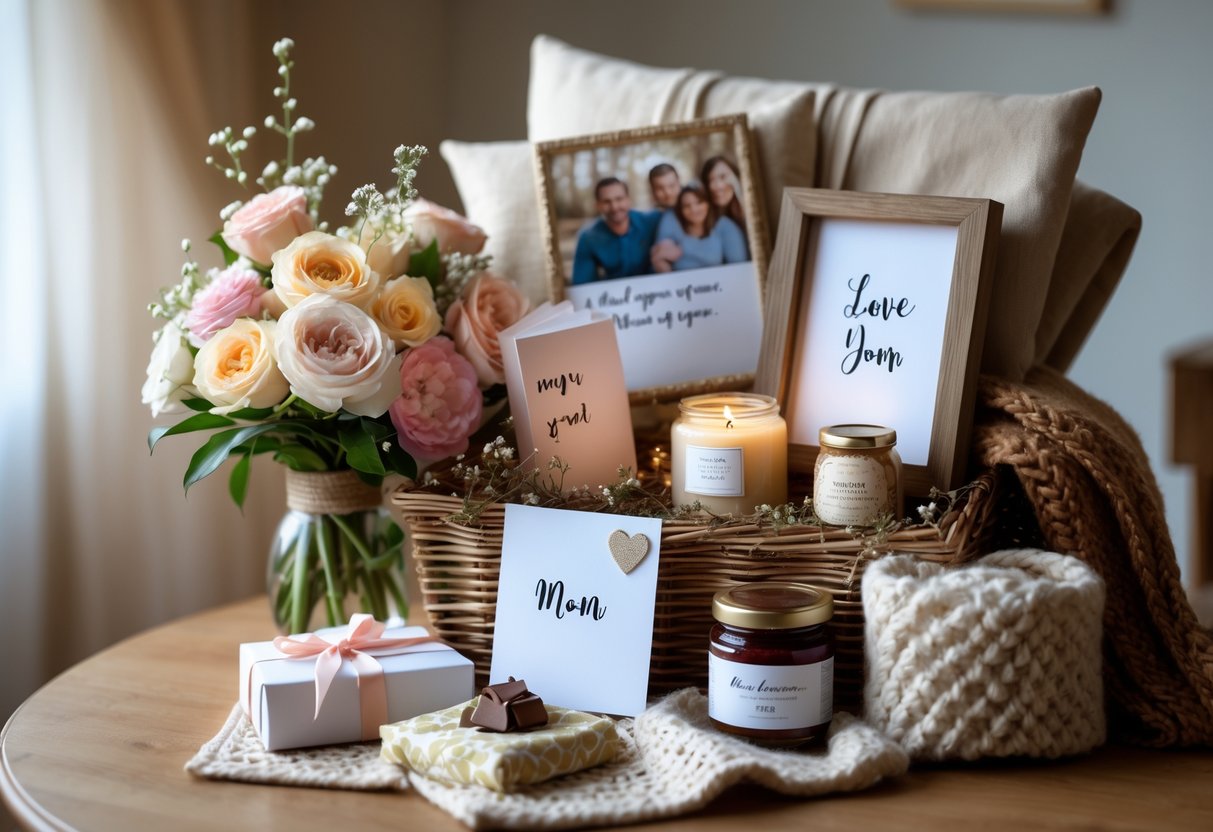 A gift hamper for Mom with flowers, a candle, a handwritten card, chocolates, a scarf, a framed photo, and a jar of jam arranged on a wooden table.