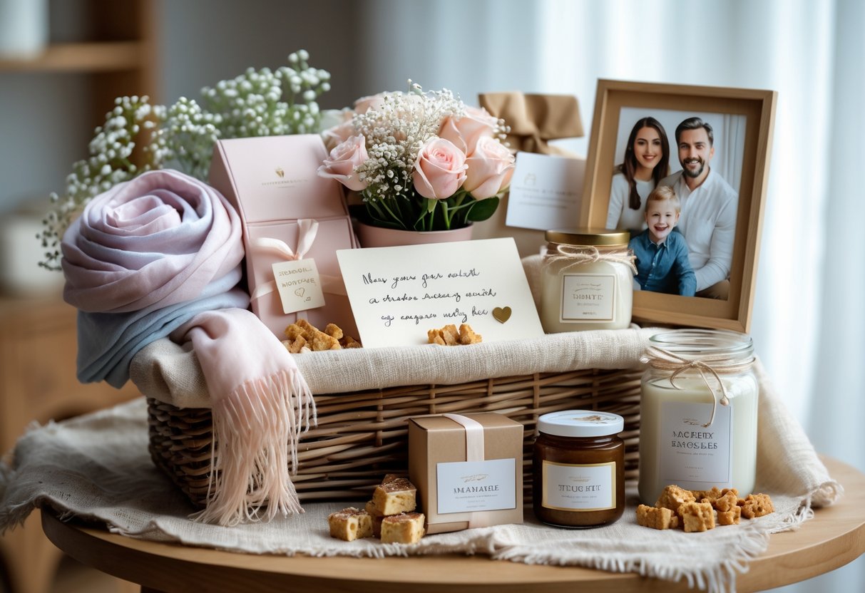 A gift hamper for mom containing flowers, chocolates, a scarf, a candle, a handwritten note, and a framed family photo arranged in a woven basket on a wooden table.