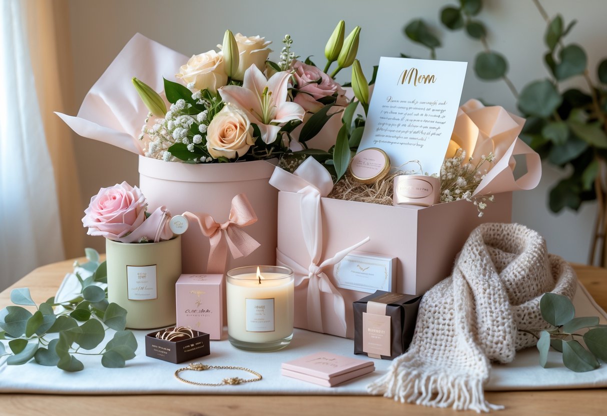 A gift hamper for mom with flowers, candles, chocolates, jewelry, a handwritten note, and a knitted scarf arranged on a wooden table.