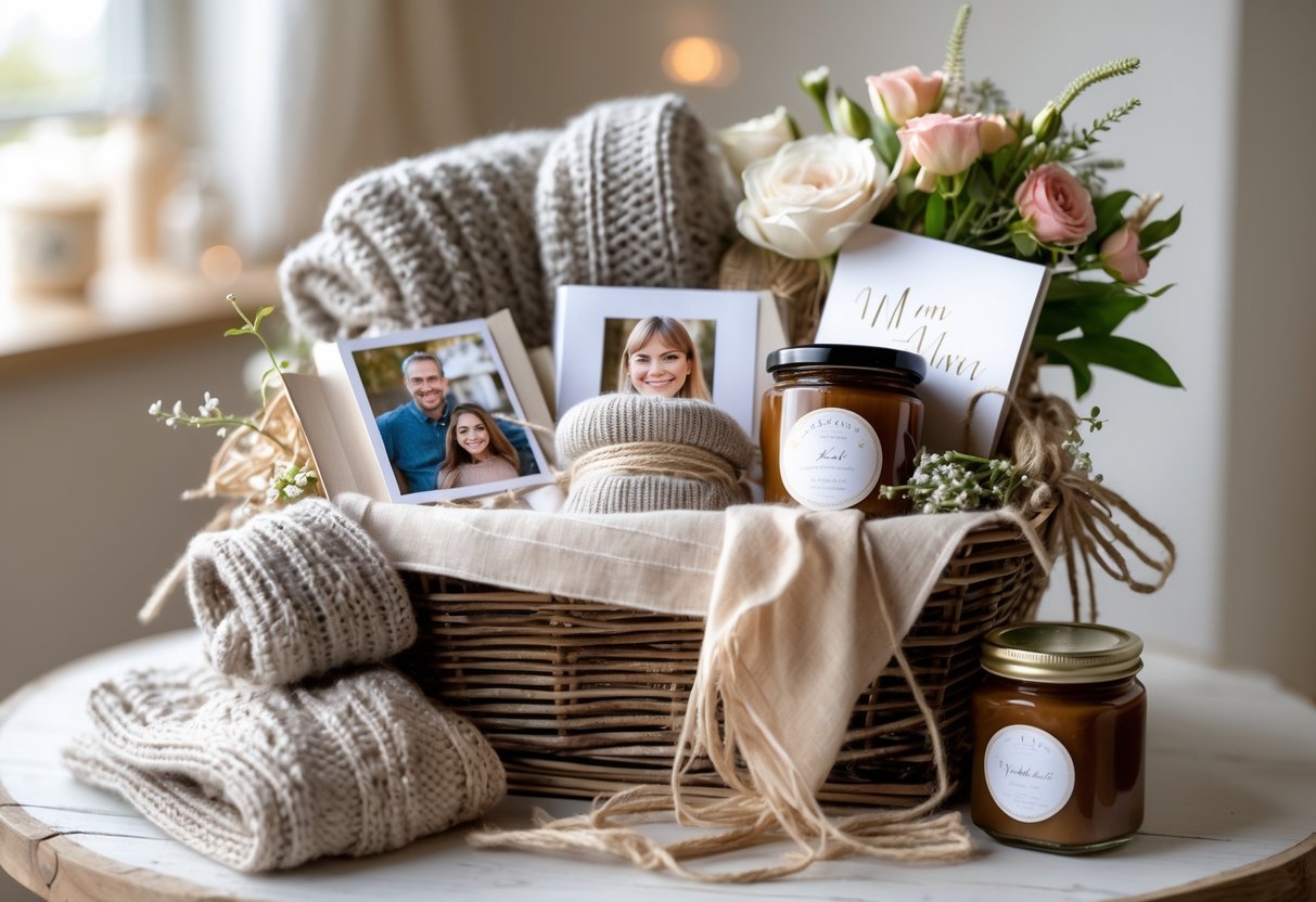 A wooden gift basket filled with personalized and handcrafted items including knitted scarf, photo album, candles, homemade jam, and fresh flowers.