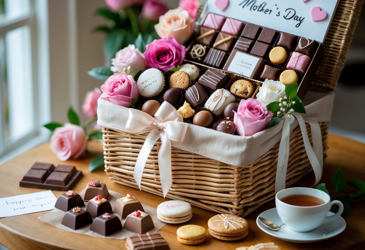 A gift basket filled with assorted gourmet chocolates, sweet treats, fresh flowers, and a cup of tea on a wooden table.