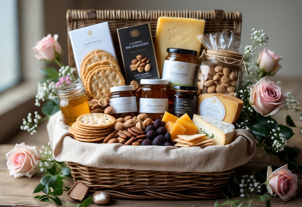 A wicker gift basket filled with assorted snacks, cheeses, nuts, dried fruits, and small jars, decorated with fresh flowers.