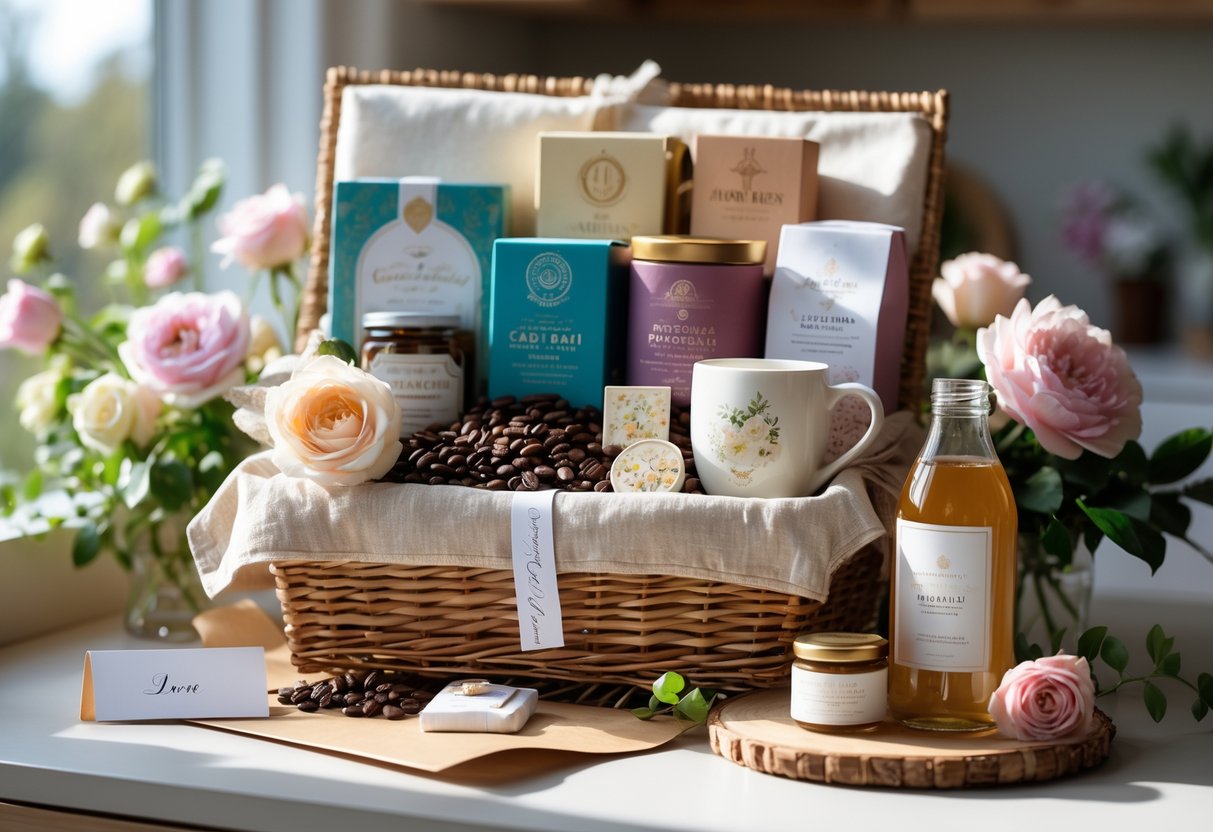A gift basket filled with tea, coffee, a ceramic mug, honey, fresh flowers, and a handwritten note, arranged on a table in a cozy home setting.