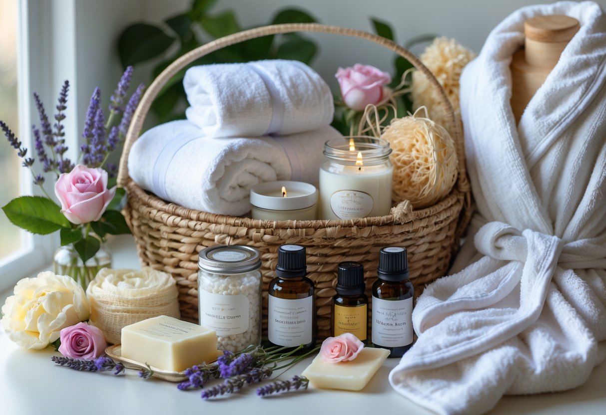 A gift basket filled with spa essentials like towels, candles, essential oils, bath salts, and flowers arranged on a bright surface.
