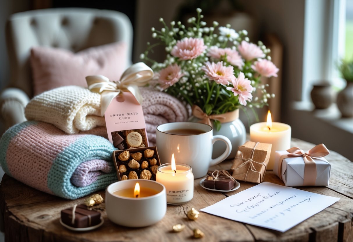 A Mother's Day hamper with a knitted blanket, mug of tea, flowers, chocolates, candles, and a handwritten note arranged on a wooden table.