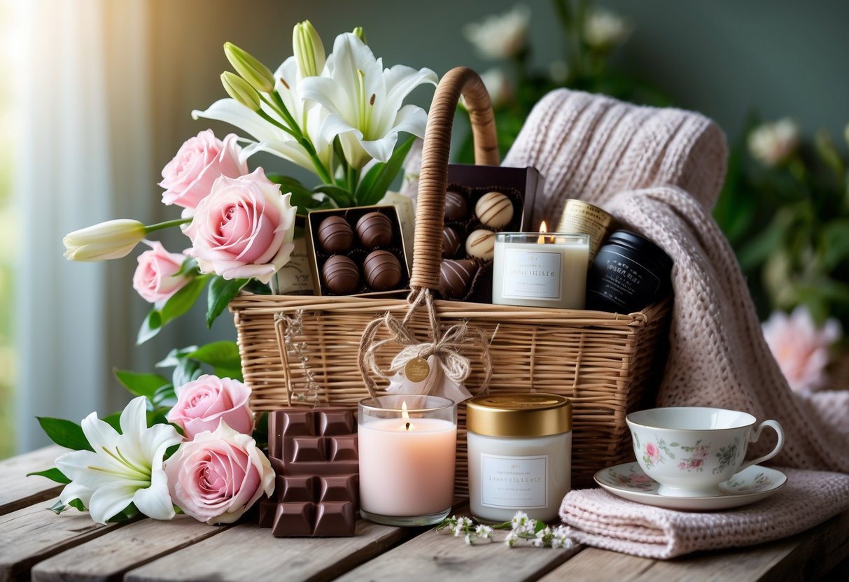 A Mother's Day gift hamper with chocolates, flowers, a blanket, and a tea set arranged on a wooden table.