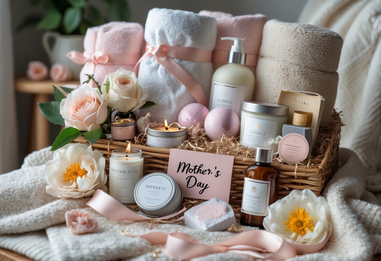 A pamper hamper filled with self-care items, flowers, and a handwritten note arranged on a wooden surface.