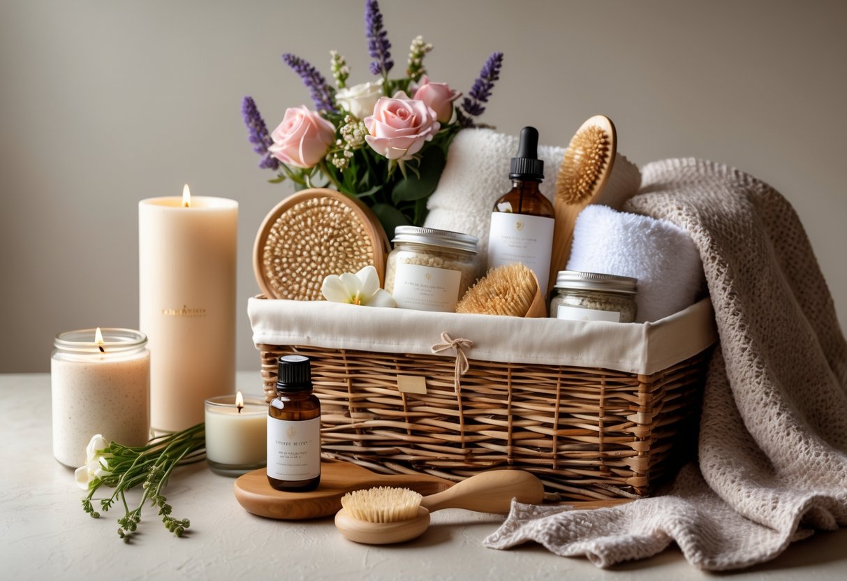 A spa and relaxation gift hamper with candles, towels, bath salts, essential oils, flowers, and a blanket arranged in a wicker basket.