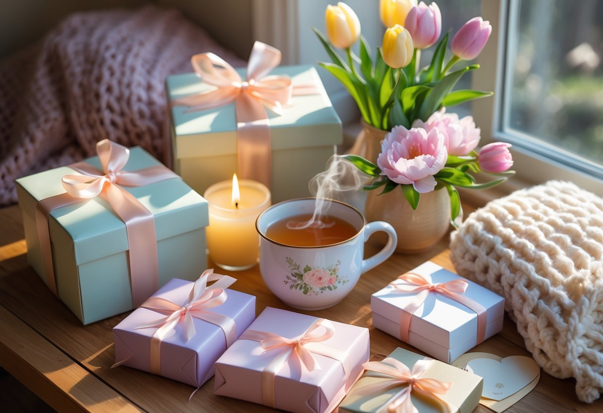 A cozy Mother's Day gift hamper with pastel gift boxes, a warm blanket, candles, a cup of tea, and fresh flowers on a wooden table near a window.