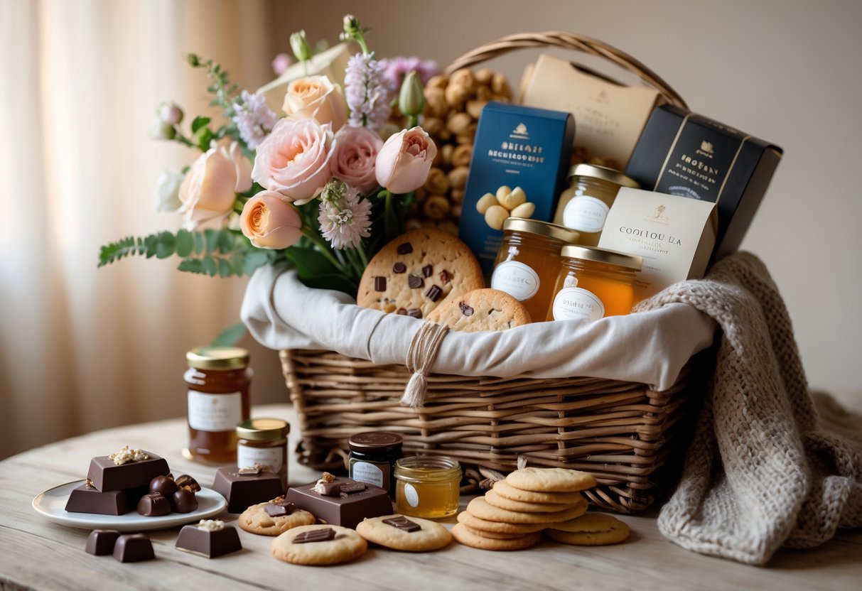 A wicker basket filled with chocolates, cookies, jars of honey and jam, fresh flowers, and a cozy blanket on a wooden surface.