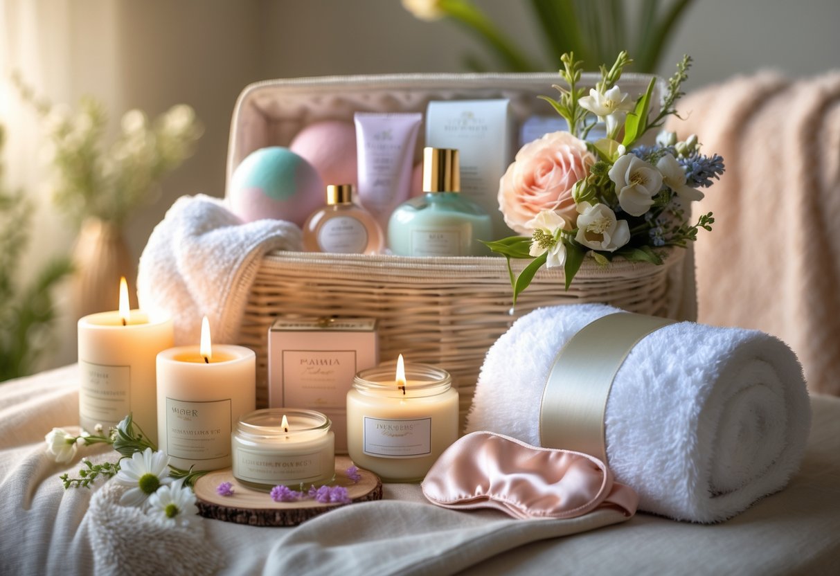 A neatly arranged beauty and wellness gift hamper with spa items, flowers, and a towel on a soft surface.