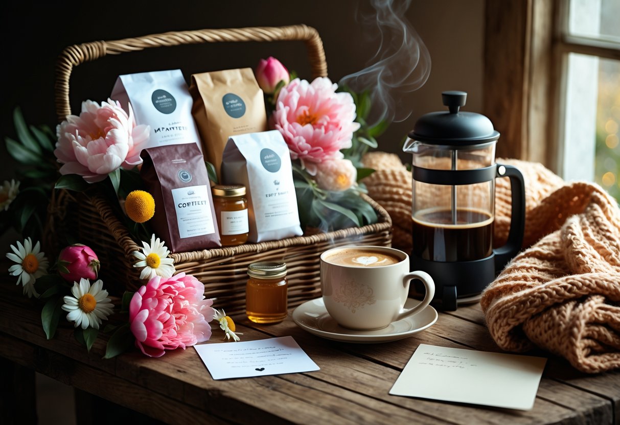 A coffee lover’s hamper with coffee beans, a steaming cup of coffee, a ceramic mug, honey jar, French press, fresh flowers, and a knitted blanket arranged on a wooden table.