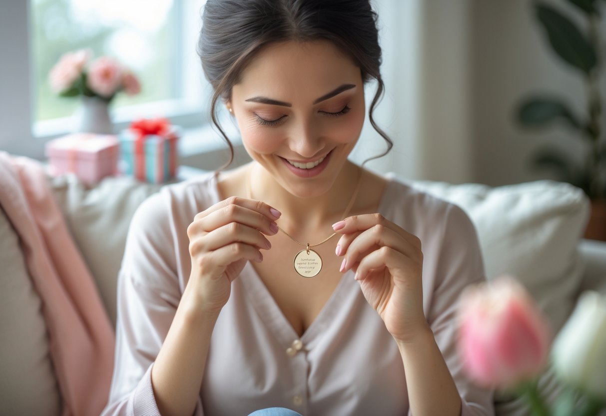 A young mother holding a delicate message necklace, smiling softly in a cozy room with flowers and a gift box nearby.