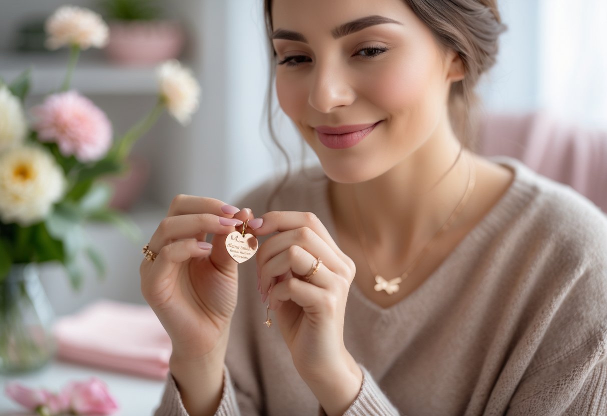 A young mother holding a delicate piece of message jewelry, smiling softly in a cozy, softly lit home setting.