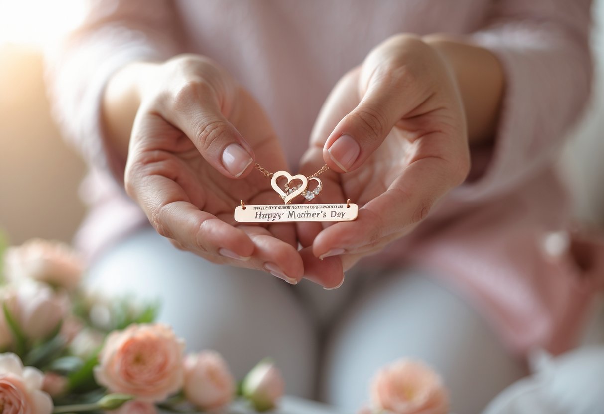 A woman holding a delicate piece of jewelry in her hands, smiling softly in a warm, softly lit indoor setting.