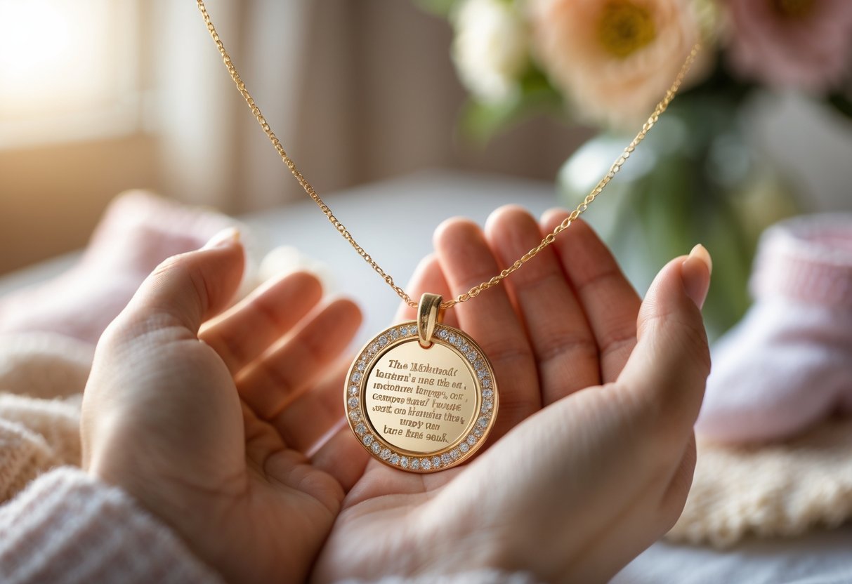 Close-up of a delicate personalized necklace pendant held gently, surrounded by soft flowers and baby items in a cozy setting.
