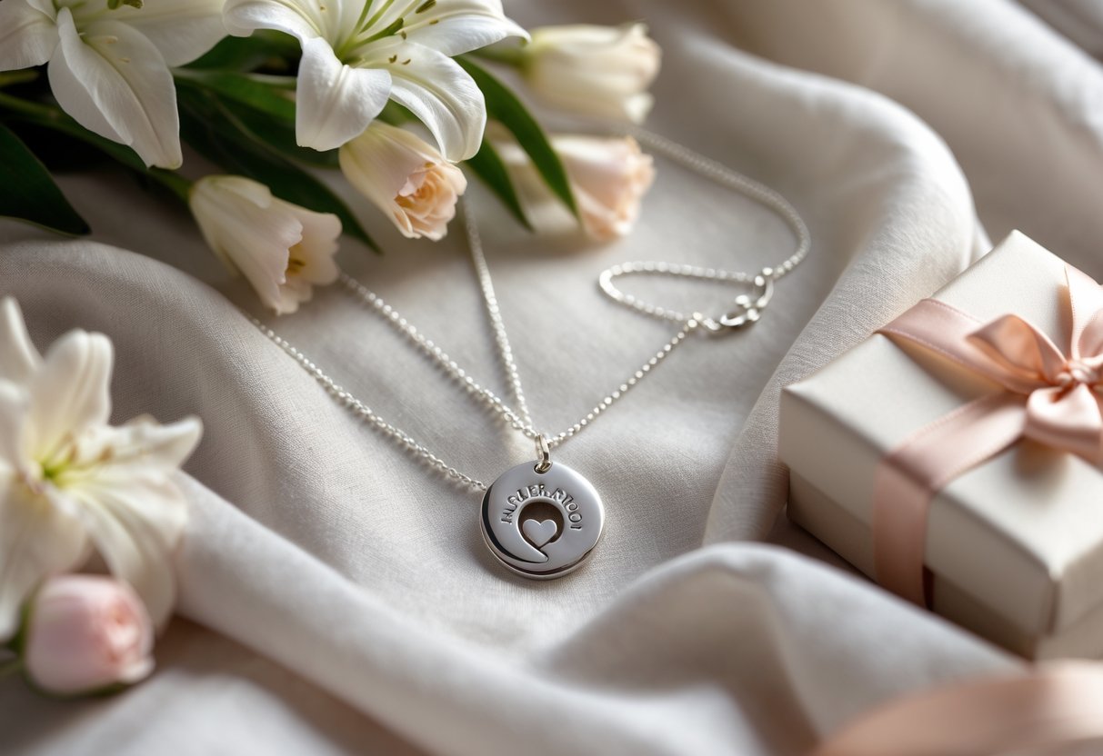 A sterling silver necklace with a small pendant displayed on soft fabric, surrounded by flowers and a gift box, symbolizing a first Mother's Day celebration.