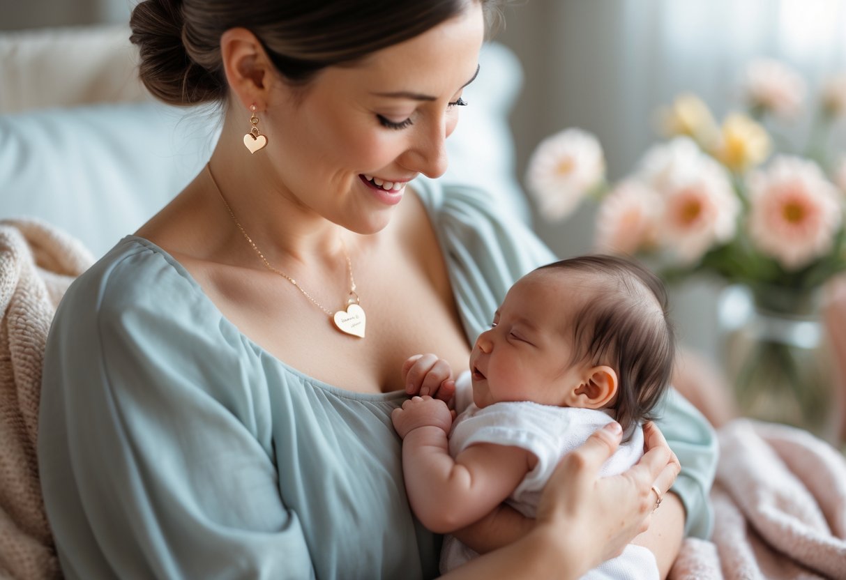A new mother tenderly holding her baby while wearing delicate jewelry, in a softly lit room.