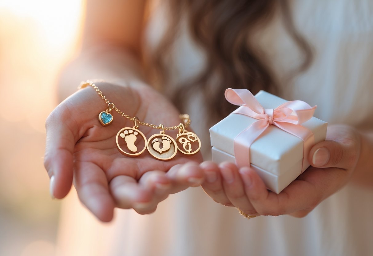 A woman's wrist wearing charm bracelets with mother and baby themed charms, holding a small gift box with a ribbon.
