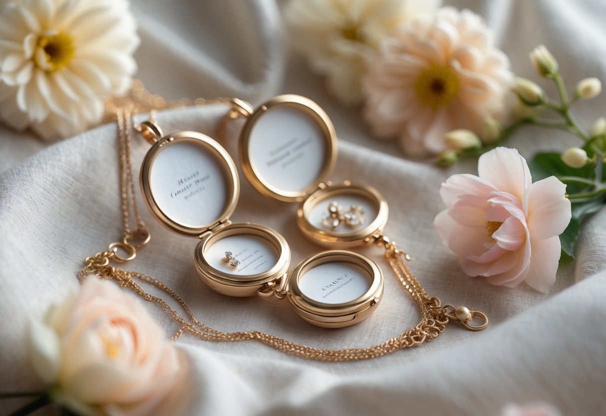 Close-up of elegant lockets and keepsake jewelry displayed with soft flowers on a neutral background.