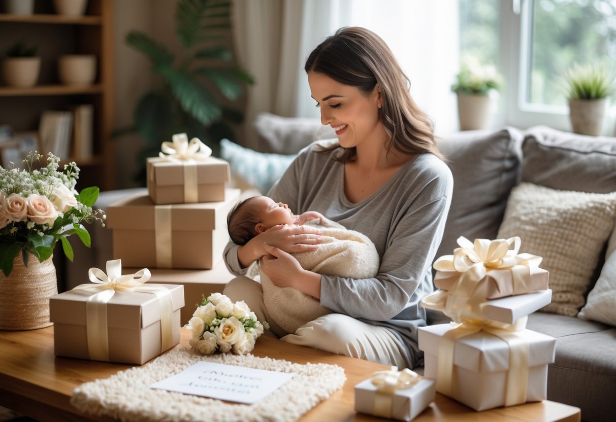 A new mother holding her baby in a cozy living room surrounded by gift boxes, flowers, and a handwritten card.