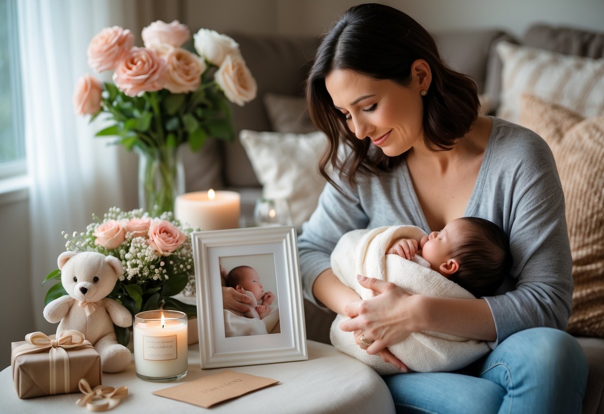 A new mother sitting in a cozy room holding her newborn baby with thoughtful gifts arranged nearby.