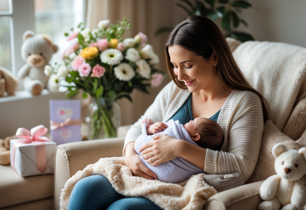 A new mother sitting in a cozy room, holding her newborn baby with thoughtful gift items around her.