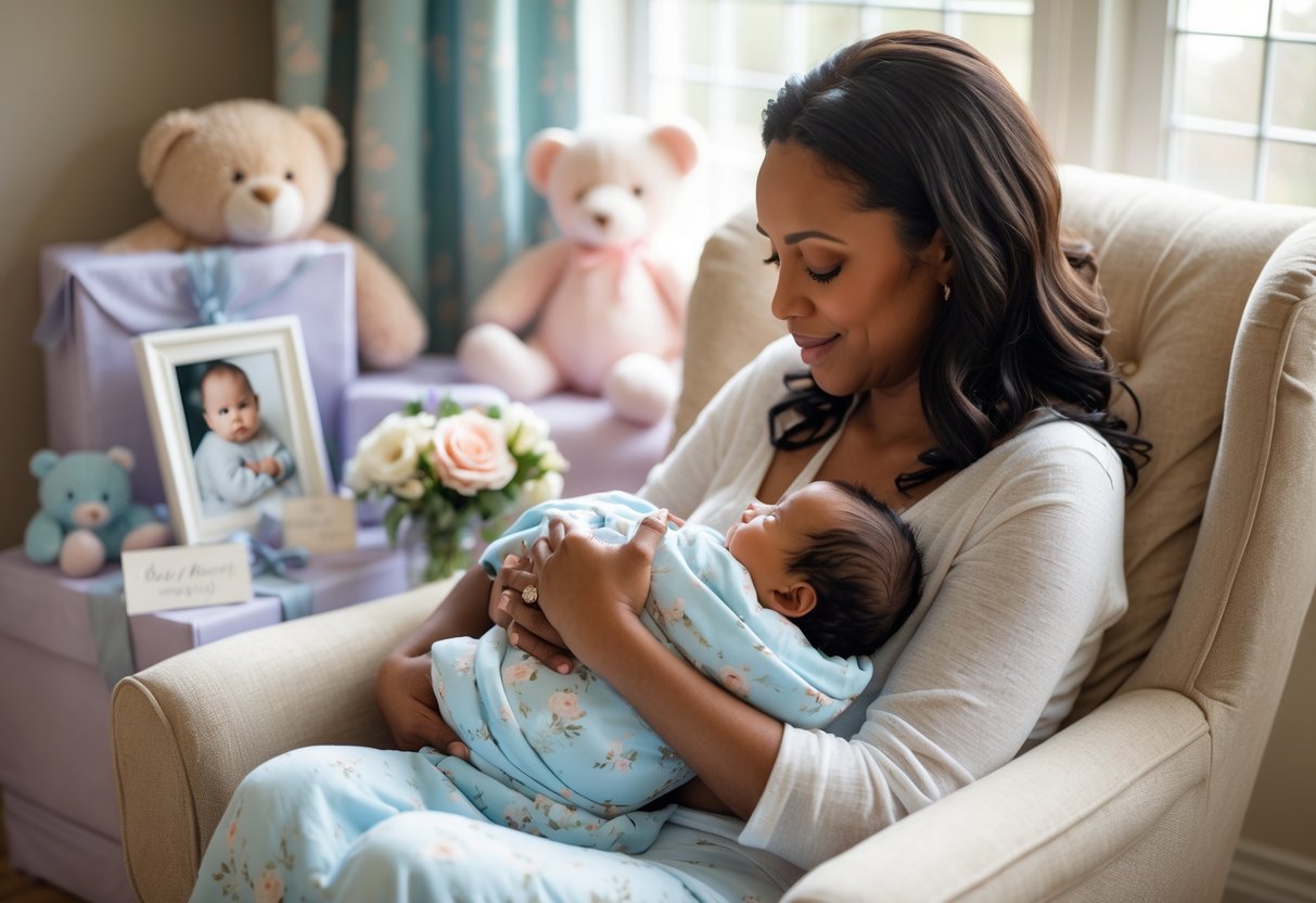 A new mother holding her newborn baby in a cozy nursery surrounded by sentimental gifts like a photo frame, baby blanket, flowers, and a card.