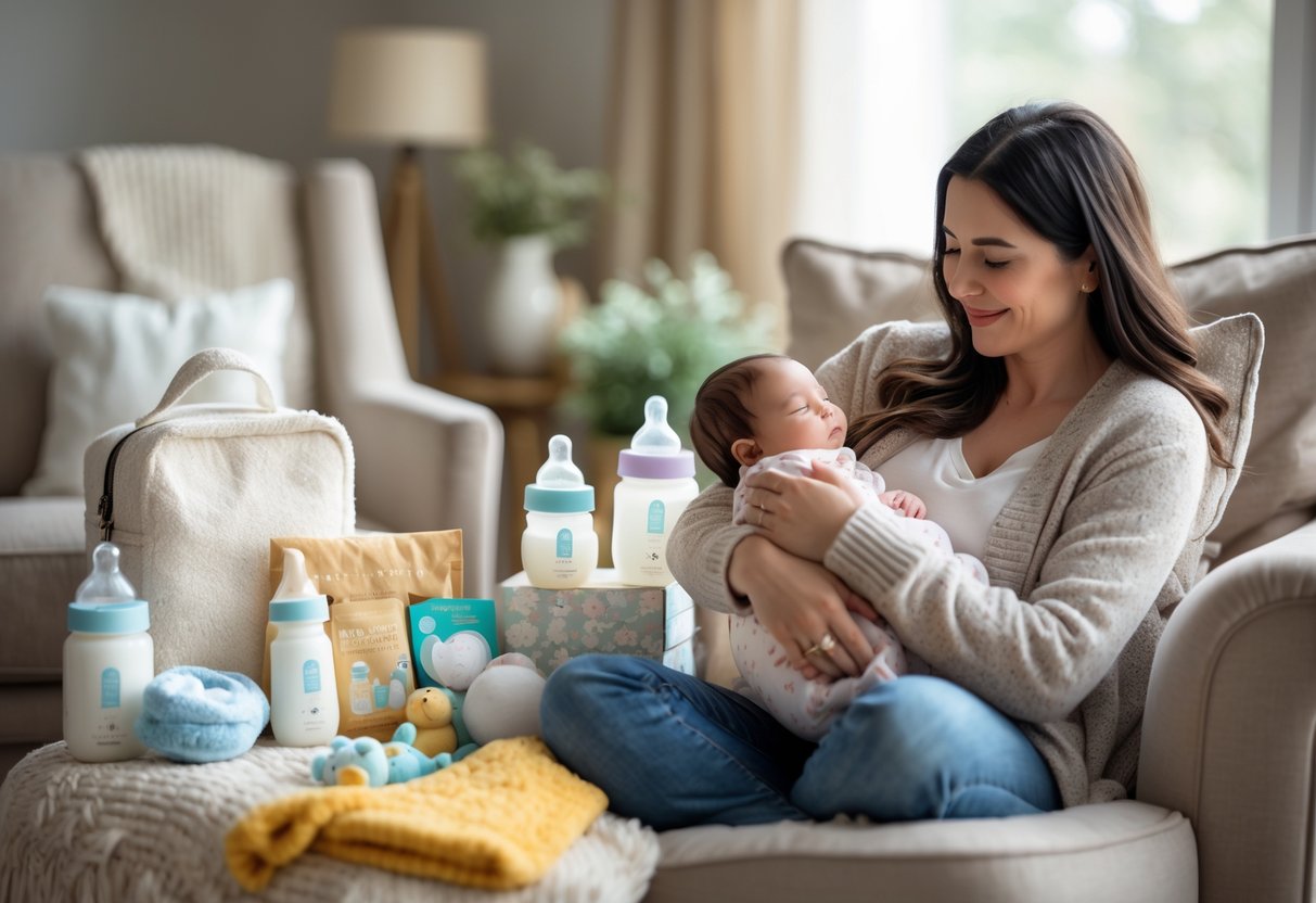 A new mother holding her baby in a cozy room surrounded by practical gifts like baby items and self-care products.