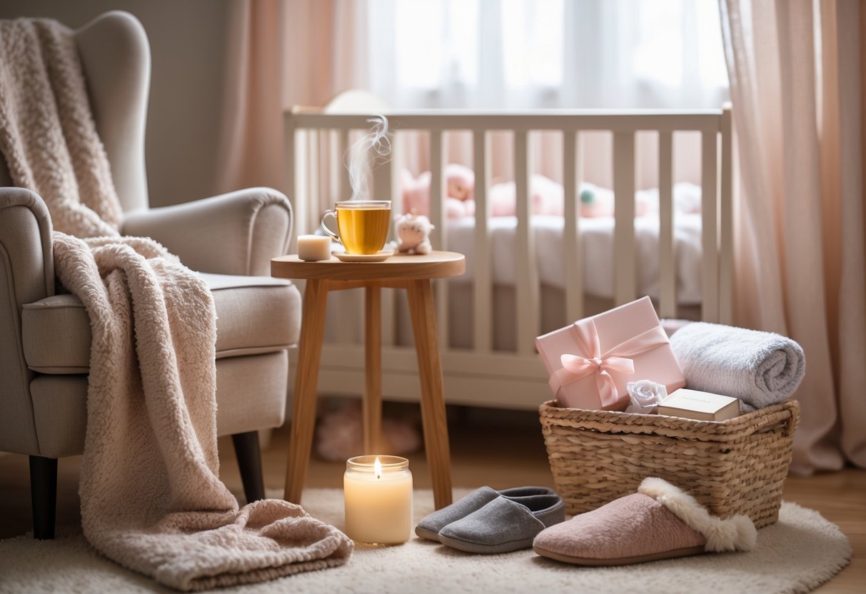 A cozy nursery corner with an armchair, side table holding tea and a gift box, and a basket of self-care items next to a crib.