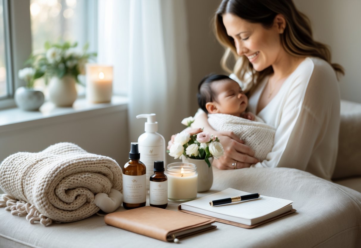 A new mother holding her newborn baby in a cozy room with postpartum recovery and wellness gifts displayed nearby.