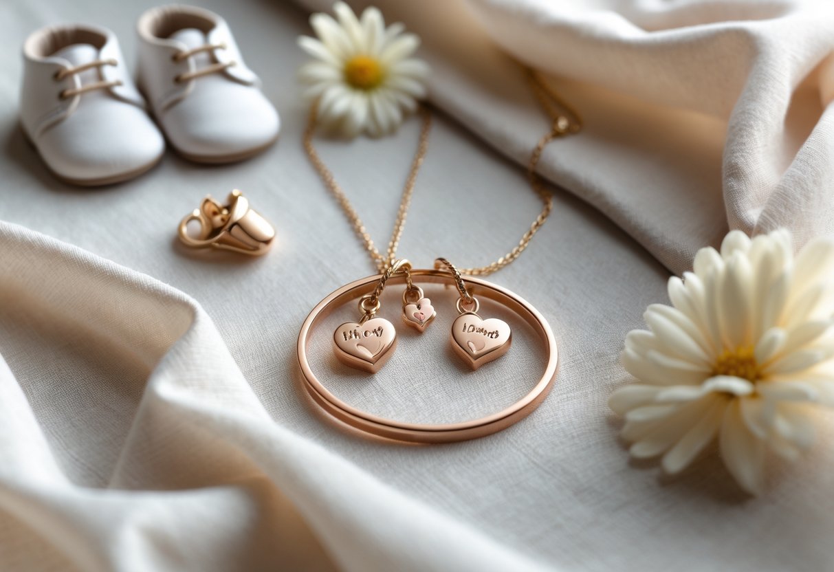 Close-up of a delicate keepsake jewelry piece surrounded by baby shoes, a soft blanket, and a small flower.
