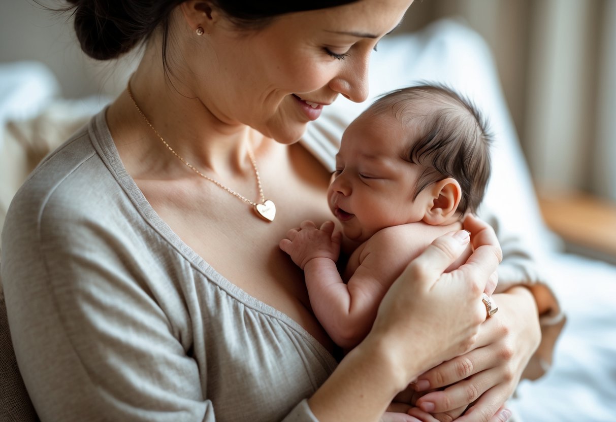 A first-time mother gently holding her newborn baby close, wearing delicate keepsake jewelry.
