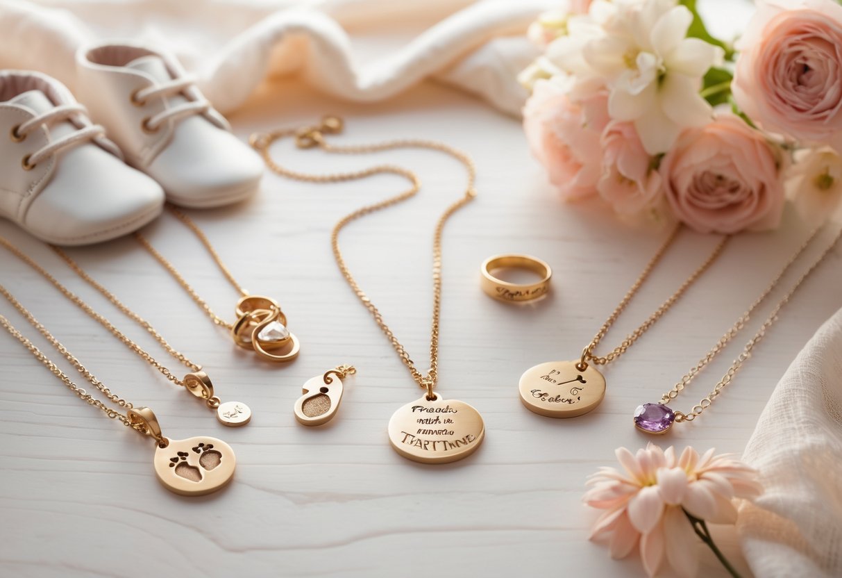 A collection of delicate keepsake jewelry for first-time moms arranged with baby shoes, a blanket, and flowers.