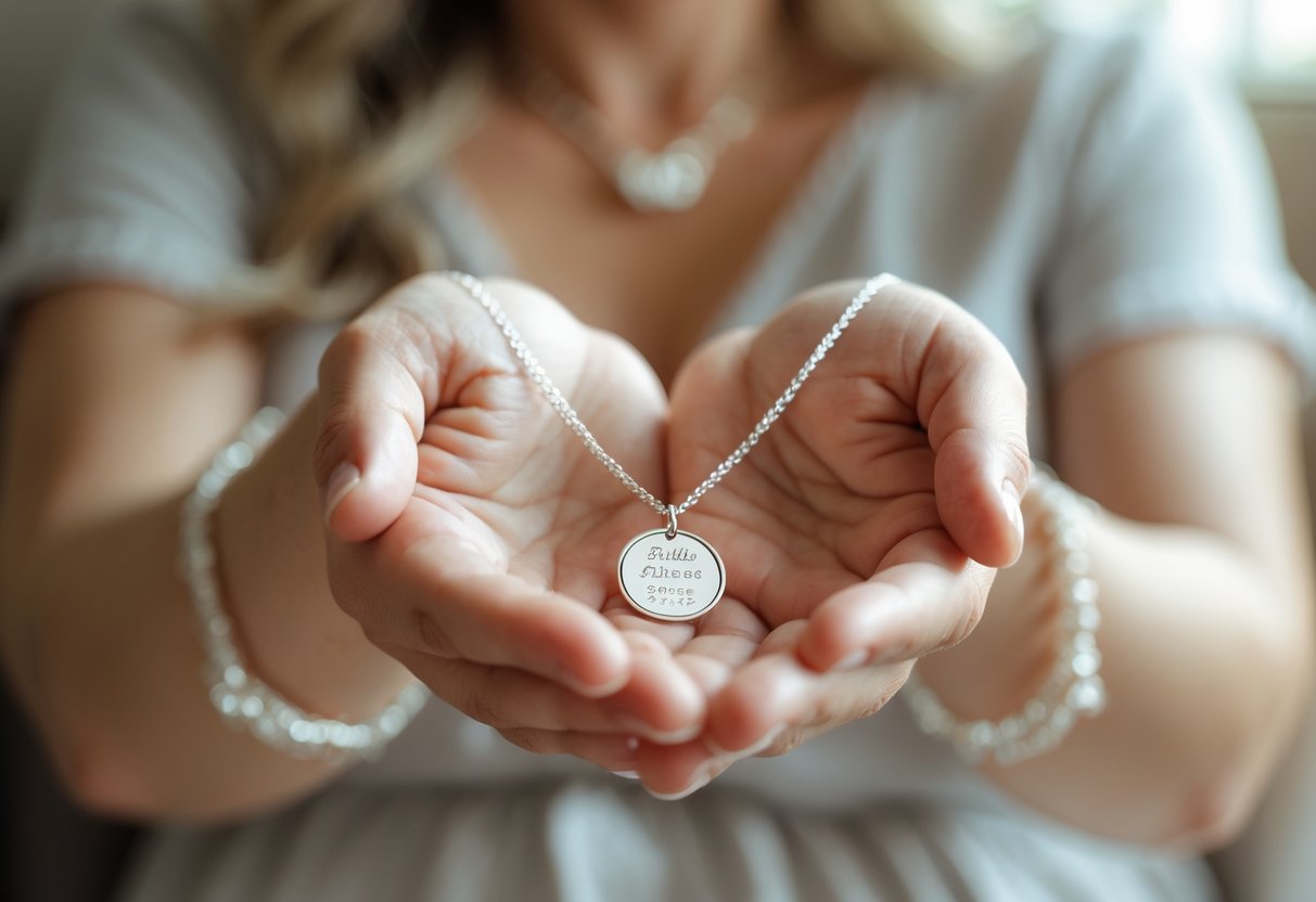 A first-time mother holding a delicate personalized keepsake necklace with a tender and joyful expression.