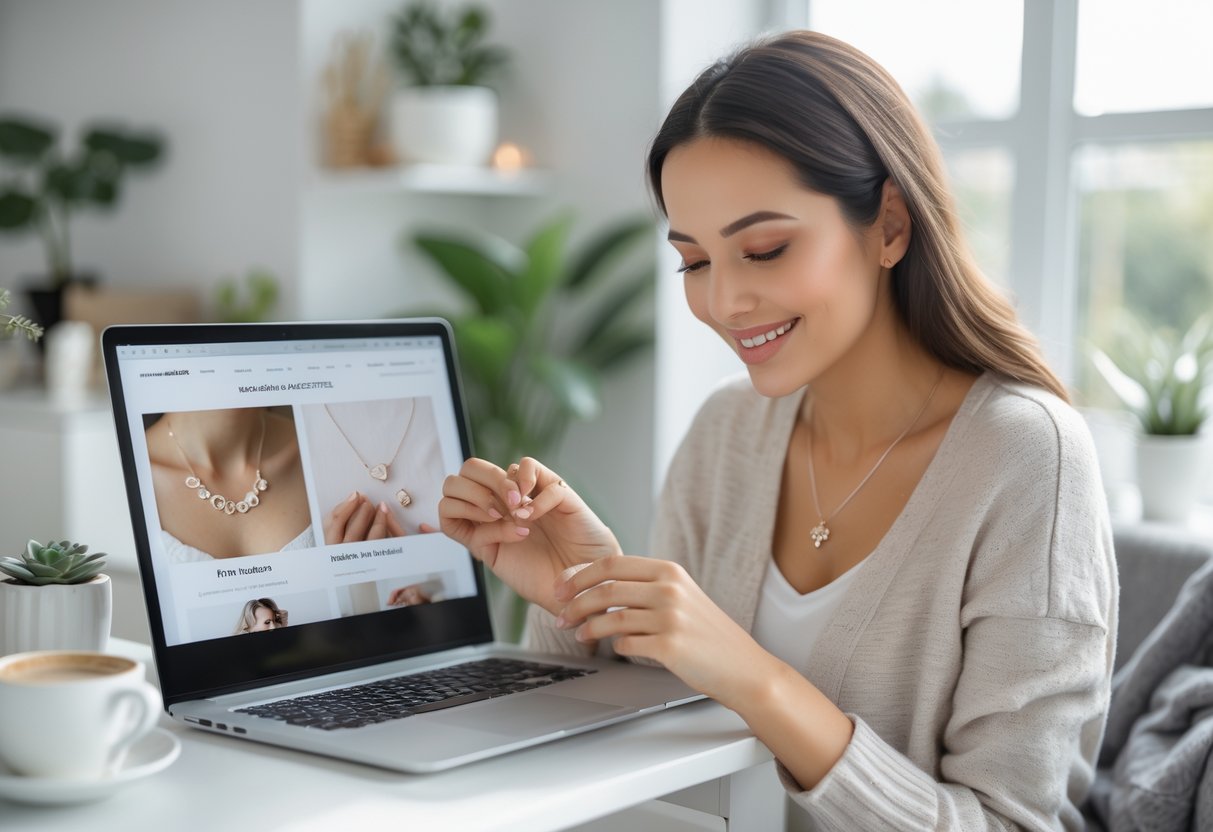 A young mother browsing keepsake jewelry on a laptop at home, holding a delicate pendant and smiling.