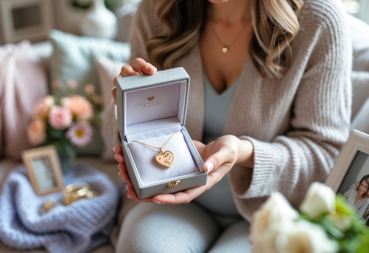 A first-time mother holding an open keepsake jewelry box with a personalized piece inside, surrounded by soft light and cozy home decor.