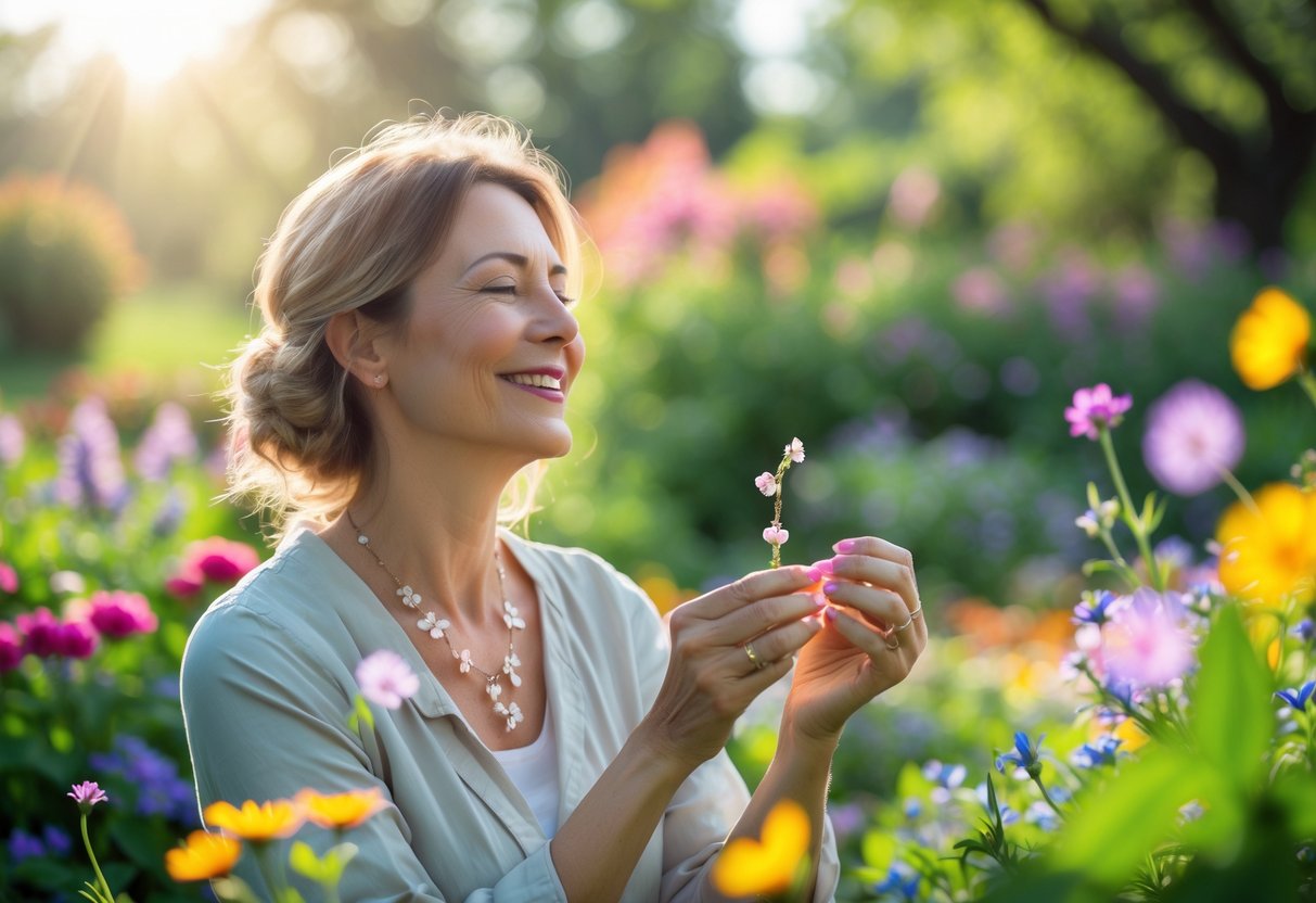 A mother in a garden holding floral-inspired jewelry surrounded by blooming flowers and greenery.