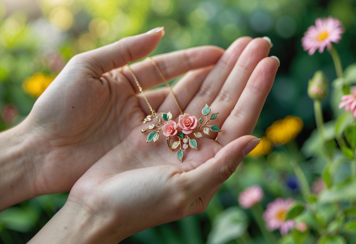 Close-up of a woman's hands holding floral-themed jewelry with a garden background.