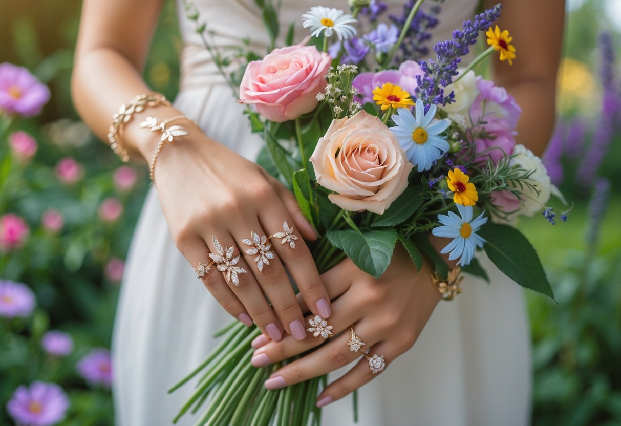 Close-up of a woman's hands wearing floral and leaf-shaped jewelry while holding a colorful bouquet of garden flowers with a blurred garden background.