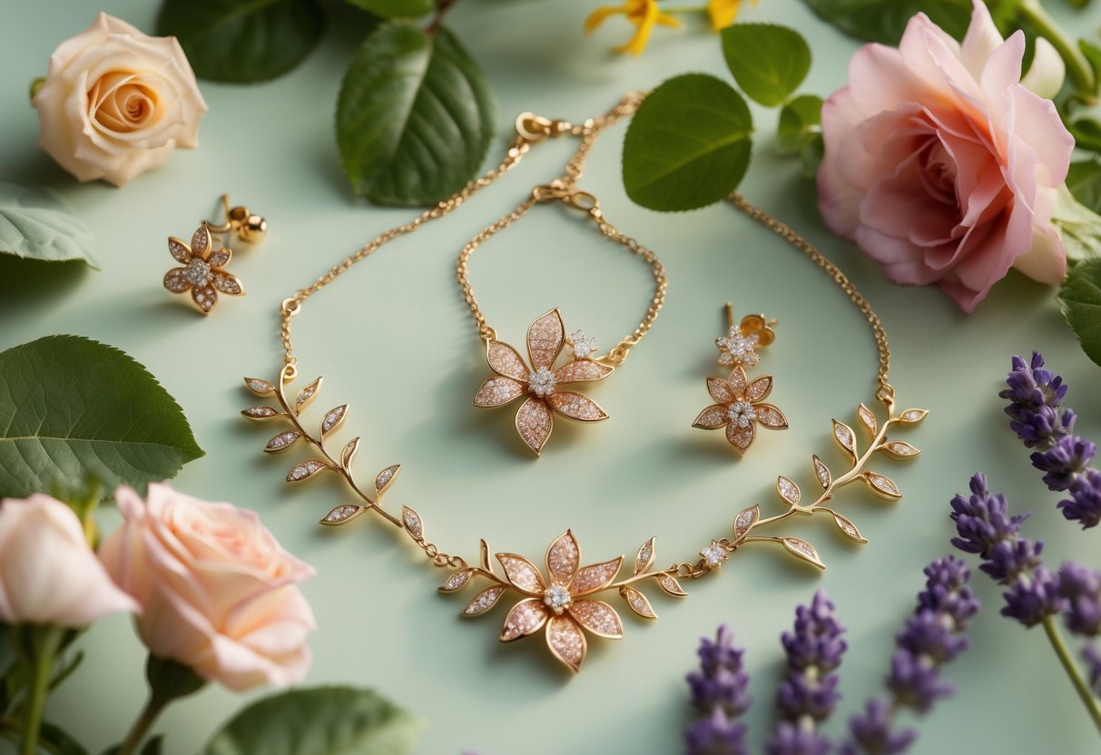 Close-up of floral-themed gold and silver jewelry arranged on green leaves and colorful garden flowers.