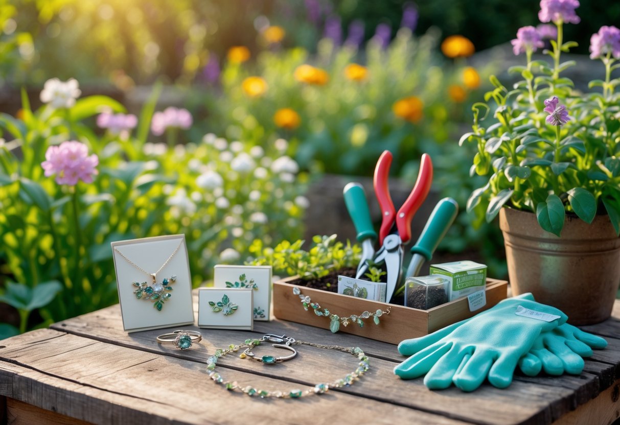 Jewelry with floral designs arranged next to gardening tools on a wooden table surrounded by blooming flowers in a garden.