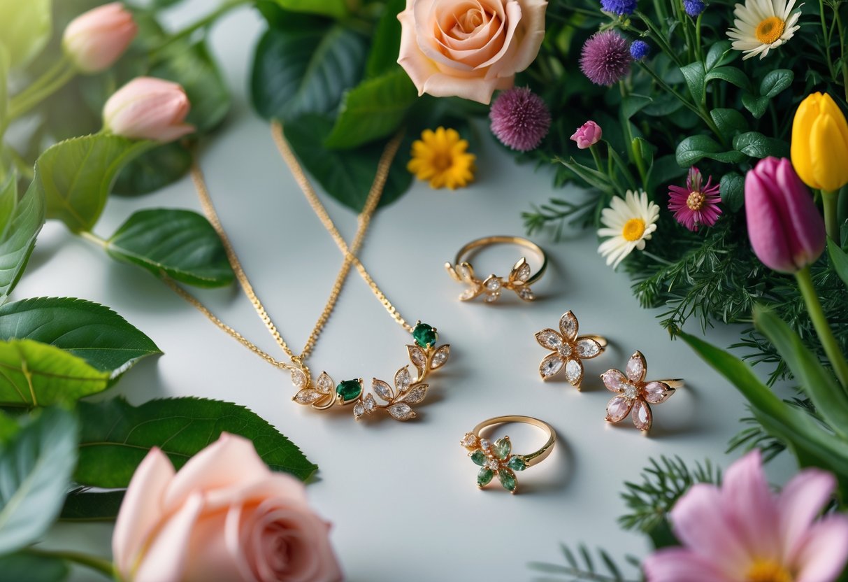 Close-up of flower-inspired jewelry pieces displayed among vibrant blooming garden plants and green leaves.