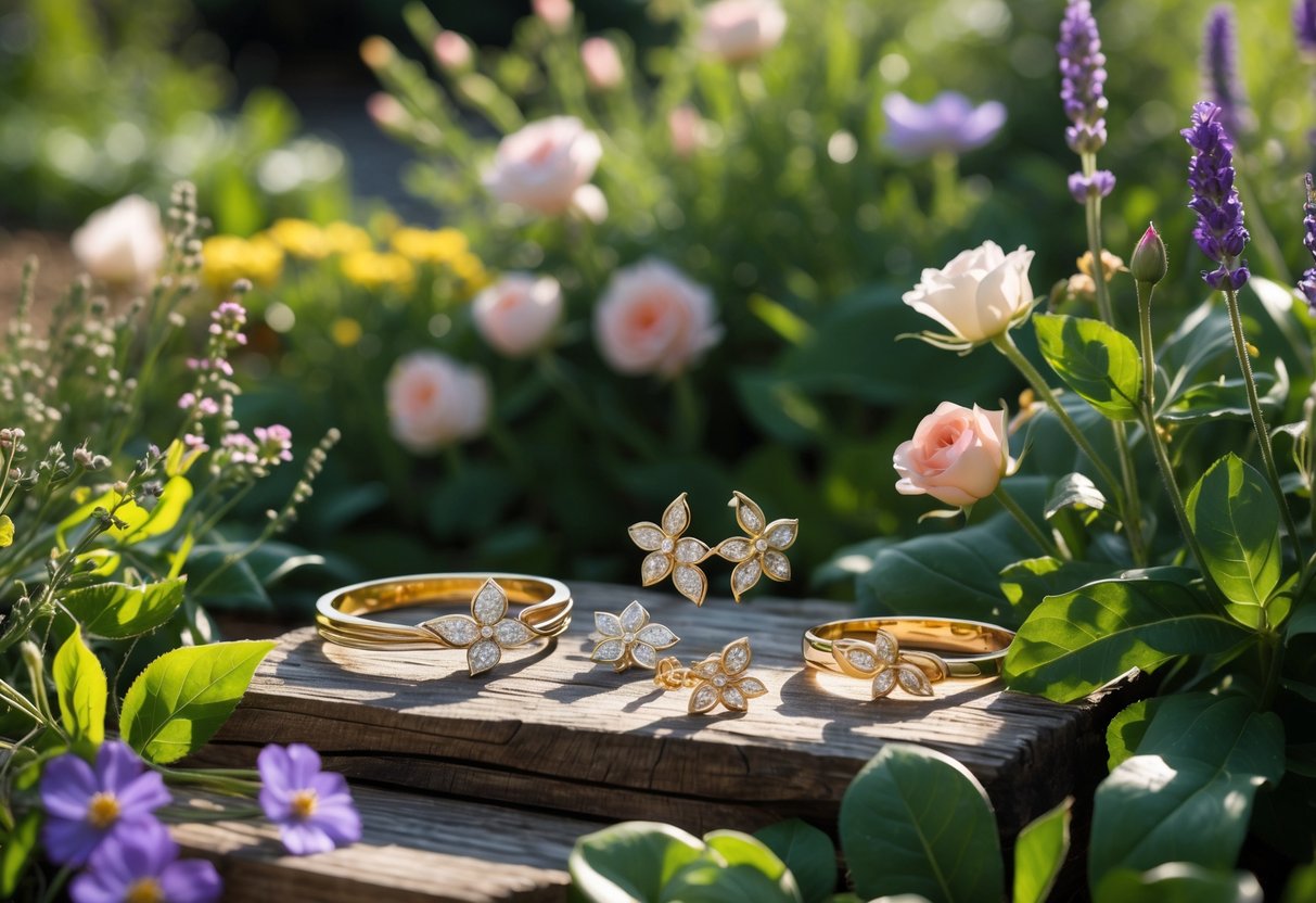 Jewelry pieces shaped like flowers displayed among blooming garden plants and greenery in a sunlit outdoor setting.