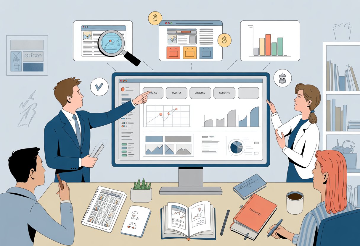 A group of professionals analyzing website data on a computer screen with charts and icons representing website valuation factors.