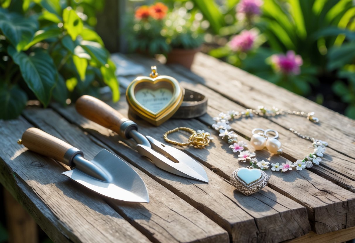 A wooden table outdoors displaying garden tools next to sentimental jewelry pieces including a locket and bracelet.