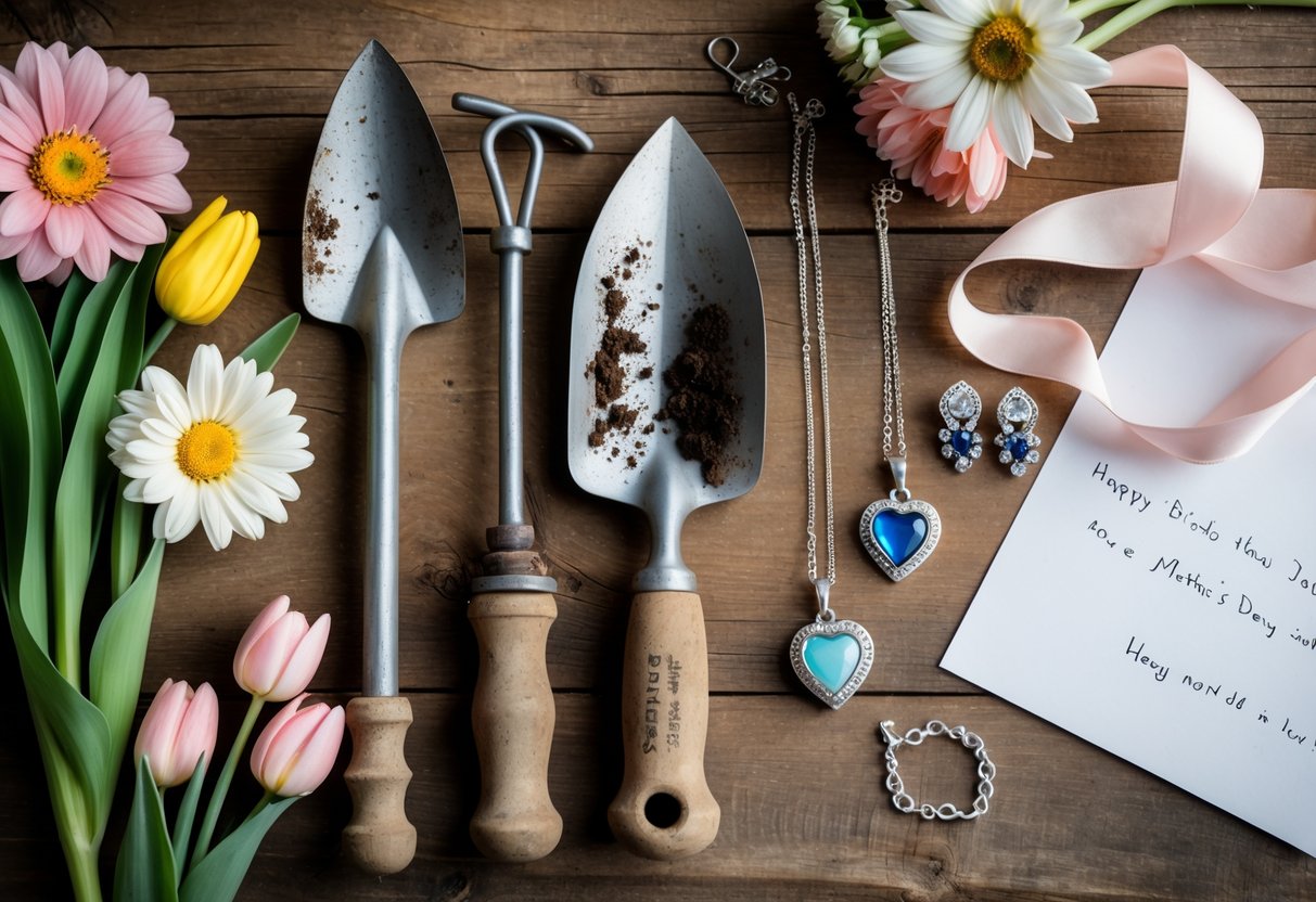 A flat lay of garden tools and sentimental jewelry arranged together on a wooden table with spring flowers.