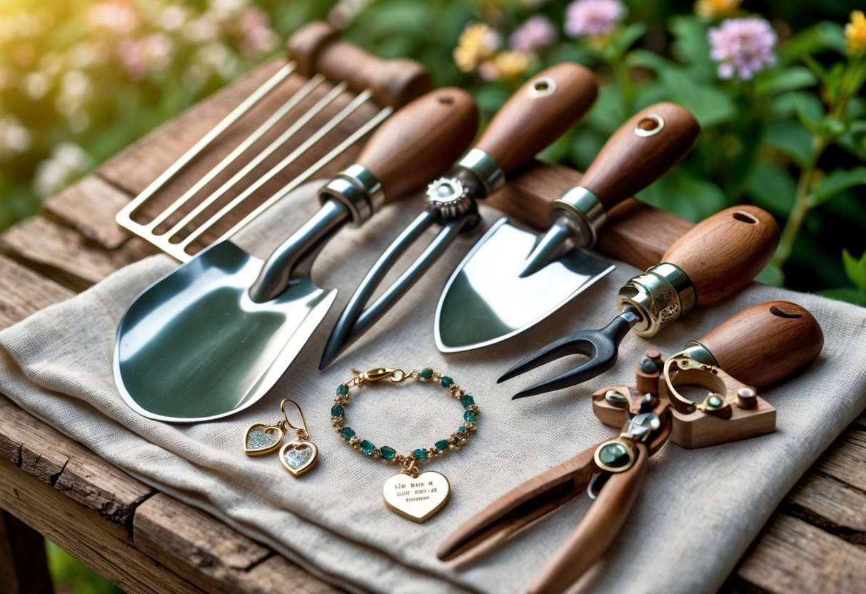 A display of garden tools and sentimental jewelry arranged together on a wooden table with flowers in the background.